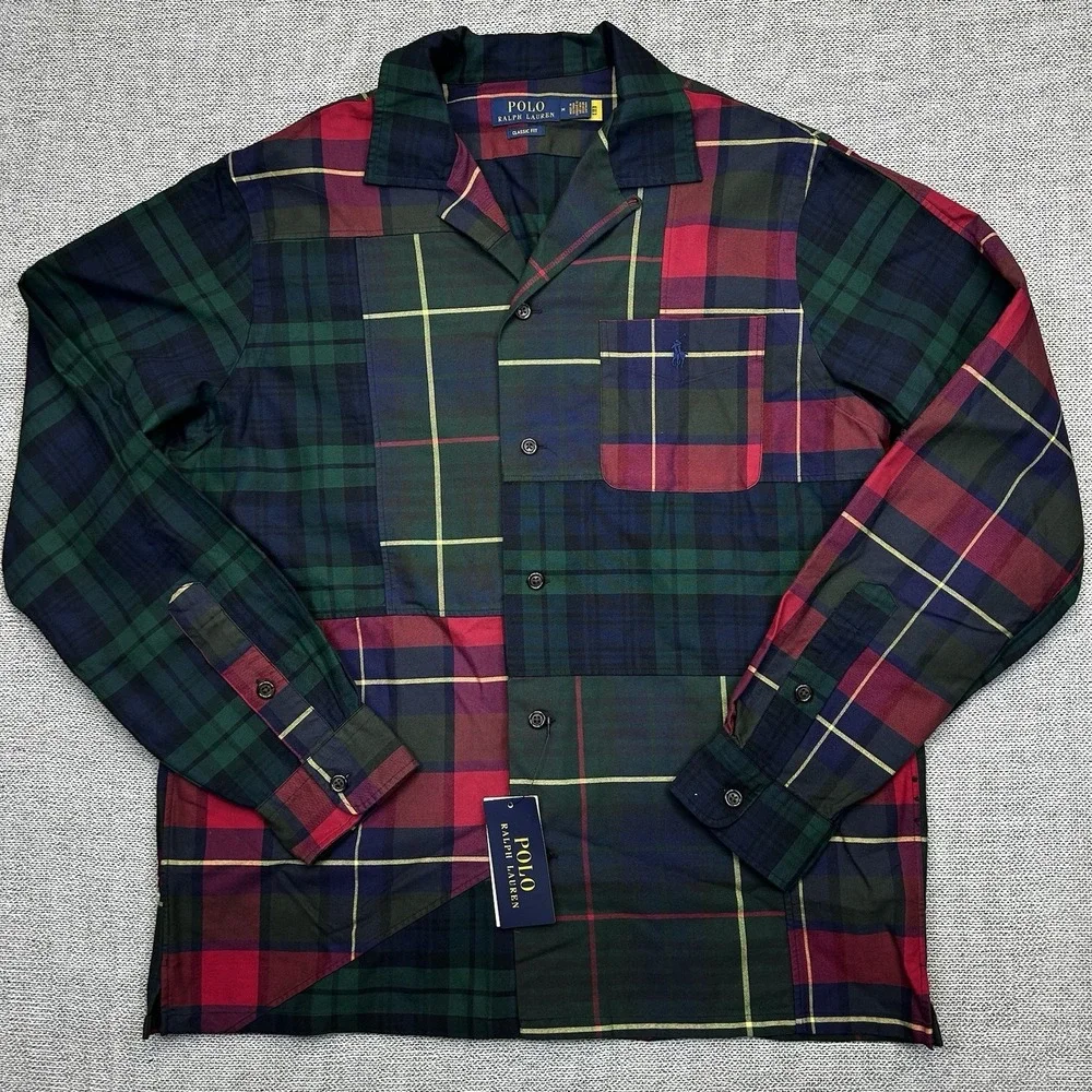 Polo Ralph Lauren Button Up Shirt Mens M Oxford Plaid Loop Collar Patchwork Camp